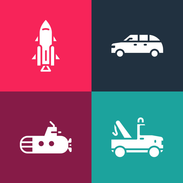 集流行艺术拖车，潜艇，掀背车和火箭船与火的图标。向量图片下载