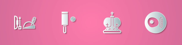 集剪纸罗宾汉帽，木板球拍和球，英国皇冠和早餐图标。纸艺术风格。向量图片下载