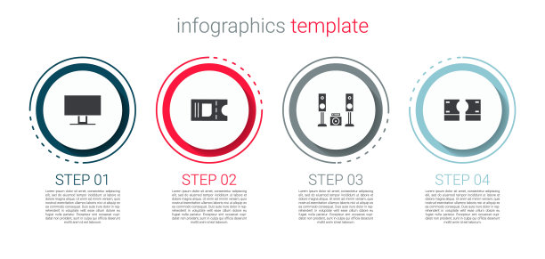 集智能电视，电影票，家用音响两个扬声器和叠纸钱现金。业务信息模板。向量图片下载