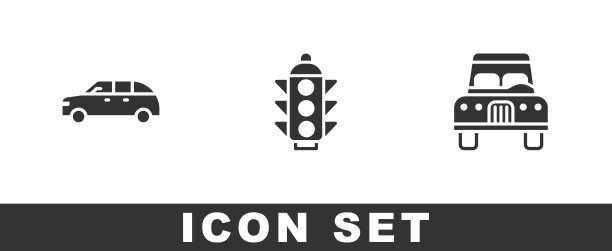 设置掀背车，交通灯和汽车图标。向量图片下载