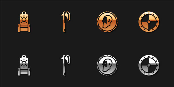 设置中世纪王位，斧头，古代硬币和圆形木盾图标。向量图片下载