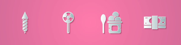 设置剪纸烟花火箭，棒棒糖，冰淇淋在碗和堆纸钱现金图标。纸艺术风格。向量图片下载