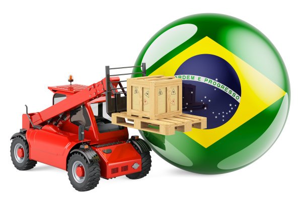 巴西国旗与伸缩处理卡车和包裹。巴西货运概念，3D渲染孤立的白色背景图片下载