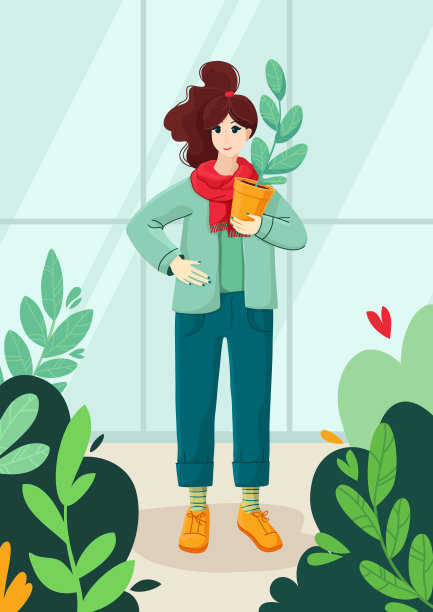 在一间有大窗户的明亮房间里，一位妇女在花盆里放着一株植物。图片下载