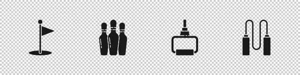 设置高尔夫旗，保龄球瓶，TPX环训练器材和跳绳图标。向量图片下载