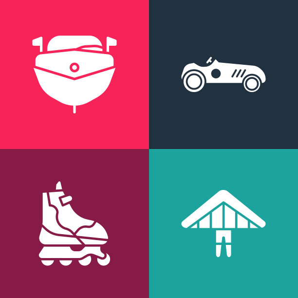 设置流行艺术悬挂滑翔机，轮滑，复古运动赛车和快艇图标。向量图片下载