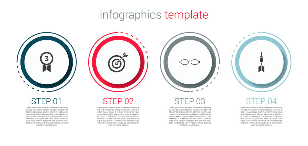 设置奖章，目标与箭，眼镜游泳和飞镖。业务信息模板。向量图片下载
