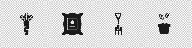 设置胡萝卜，装满植物种子，花园耙和植物在花盆图标。向量图片下载