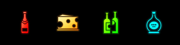 设置香槟瓶，奶酪，葡萄酒和白兰地或白兰地图标瓶。向量图片下载