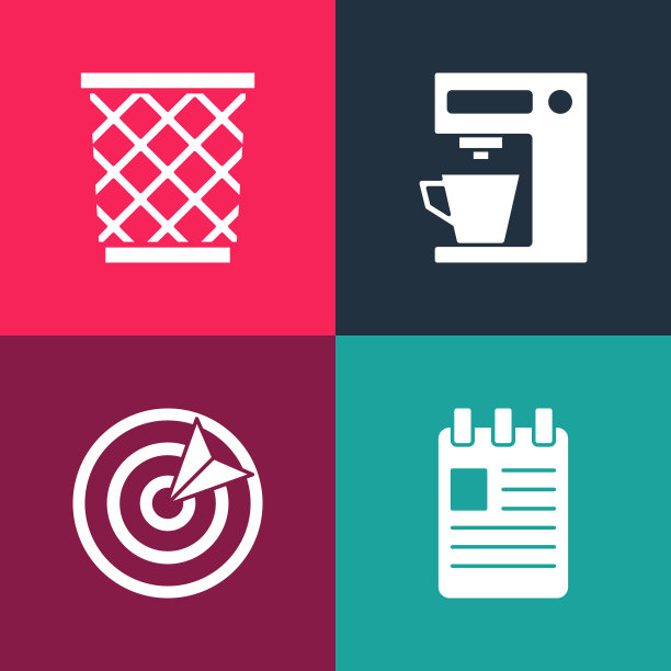 设置流行艺术螺旋笔记本，目标运动，咖啡机和垃圾桶图标。向量图片下载