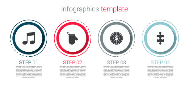 设置音乐音符，音调，烤箱手套，赌场筹码和拼图。业务信息模板。向量图片下载