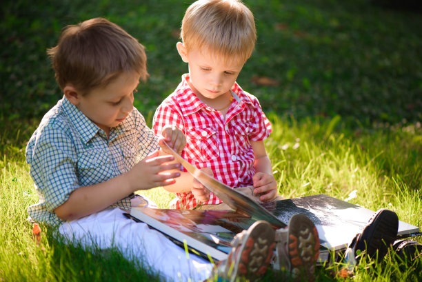 一个漂亮的小男孩在绿色的草地上看书。图片下载