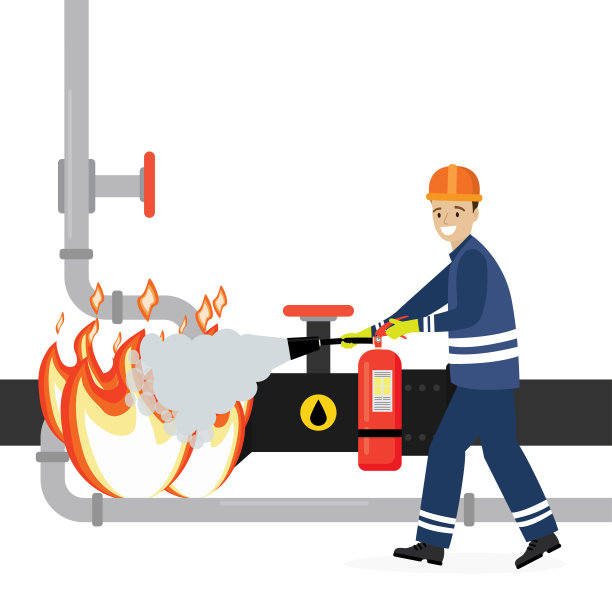 石油工人用灭火器扑灭管道上的火灾。炼油厂事故。工人可以防止爆炸。图片下载