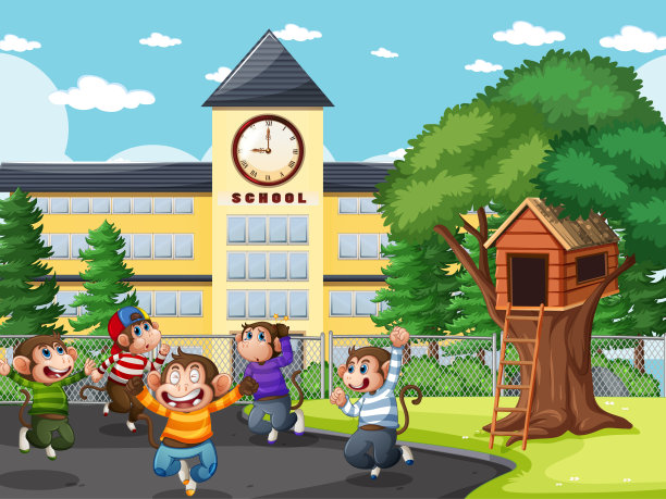 五只小猴子在公园操场上蹦蹦跳跳图片下载