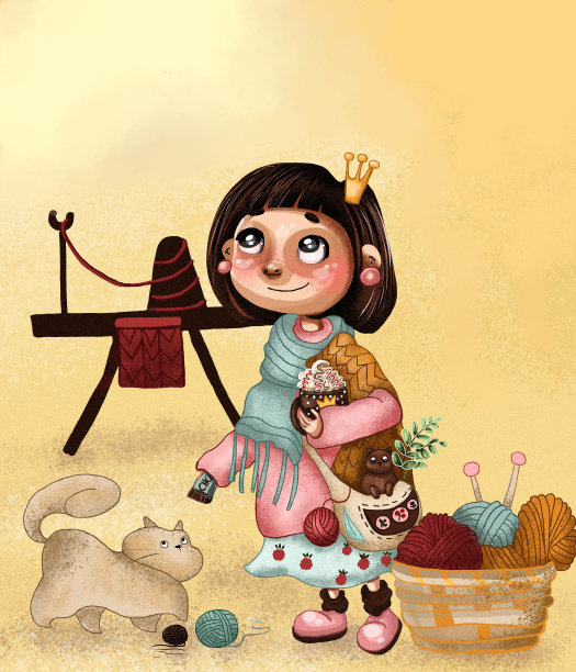 一个穿着毛线和毛线球的可爱女孩，一只可爱的猫和舒适的气氛。一个可爱的女孩的插图。图片下载