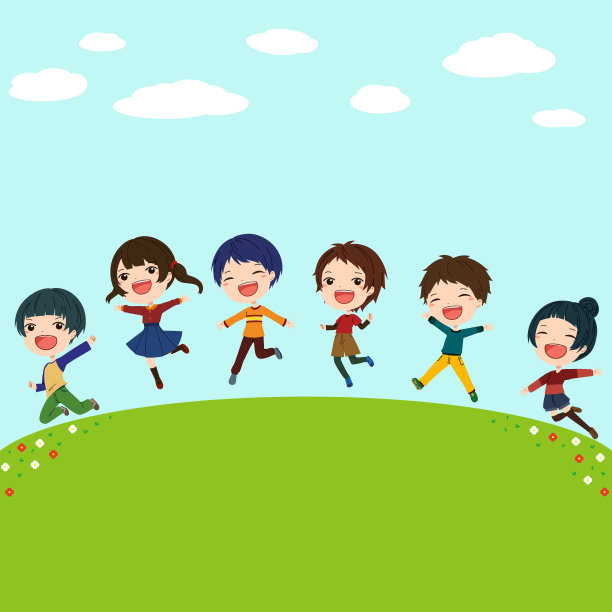 插图材料，男孩和女孩正在草地上跳跃图片下载