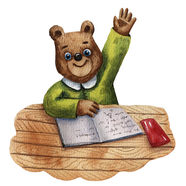 可爱小熊的水彩画。学生的性格。小学的插图。卡通风格。学校的孩子们。画书插图。聪明的小男孩在书桌旁。木制学校表。图片下载
