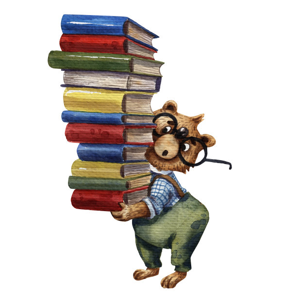 可爱小熊的水彩画。学生的性格。小学的插图。卡通风格。学校的东西。画书插图。聪明的小男孩。儿童图书馆。图片下载