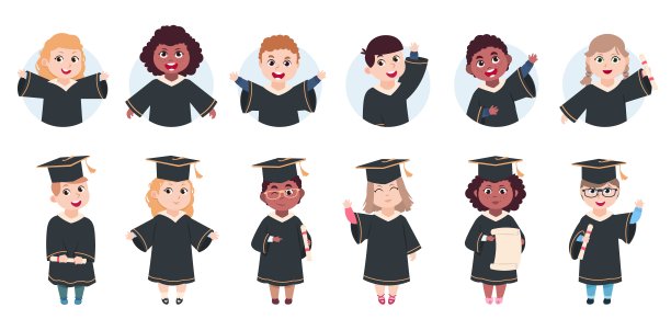 快乐毕业字符。学前班毕业生，可爱的卡通小学生毕业证书。孤立搞笑儿童化身向量集图片下载
