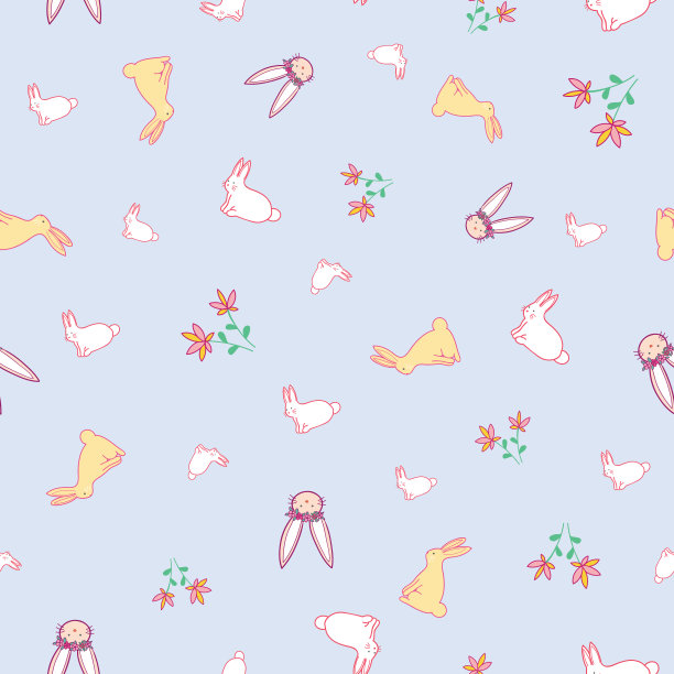 小兔和花朵重复图案设计在柔和的紫色背景图片下载