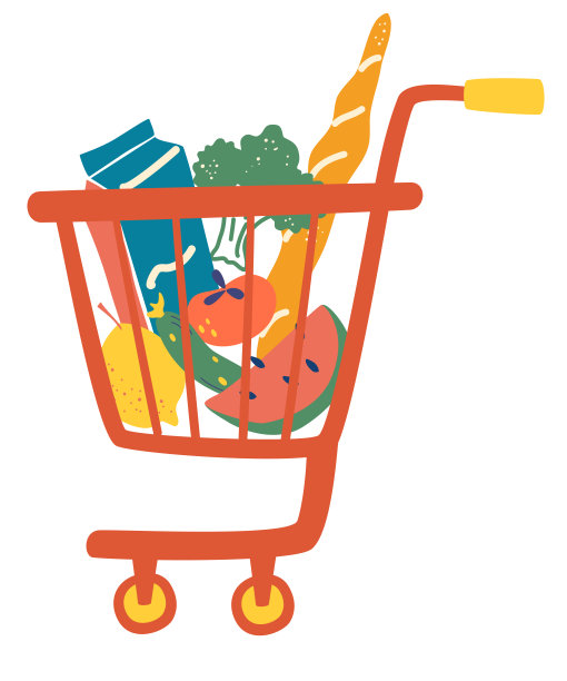 购物推车满餐。完整的购物车。商店,超市。百货公司的商品。一套新鲜、健康、天然的产品。杂货店交付。矢量图图片下载