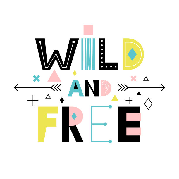 狂野和免费海报。卡通字母与彩色书法字母，设计在斯堪的纳维亚风格图片下载