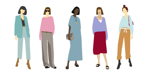女士和女孩的休闲时尚。平面设计。办公室寻找女性。夏天的时尚。适合非洲人和欧洲人的商务休闲装。时尚又干净的装备图片下载