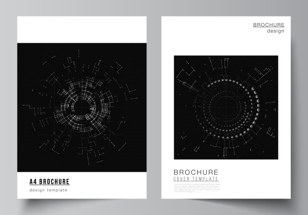 A4矢量版式封面设计模板为宣传册、传单版式、小册子、封面设计、书籍设计。黑色技术背景。科学、医学、技术概念的数字可视化。图片下载