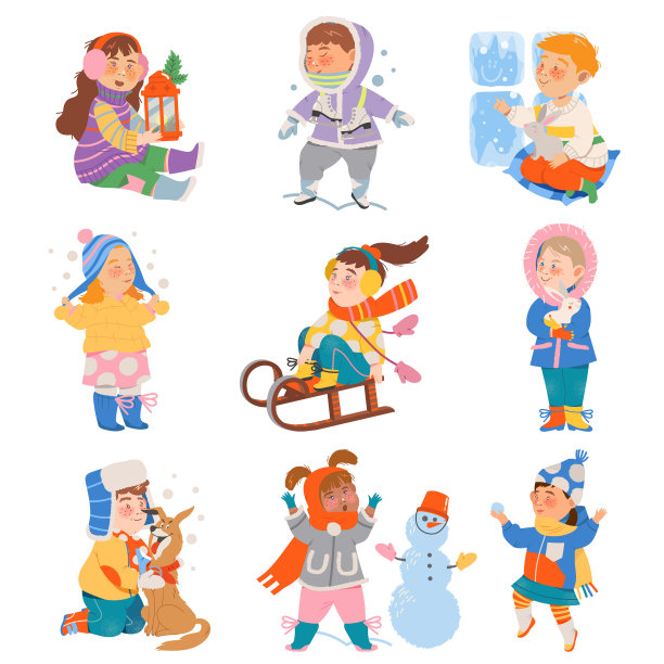 兴奋的孩子们玩雪橇，堆雪人图片下载