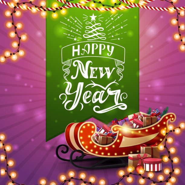 粉红色的新年贺卡和绿色的花环图片下载