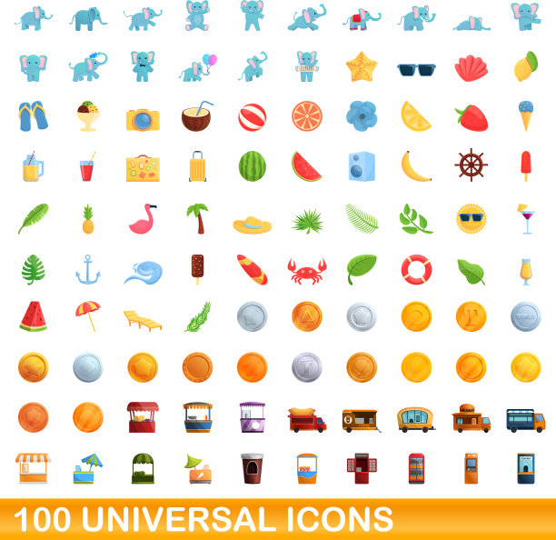 100个通用图标设置卡通风格图片下载