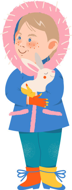 可爱的男孩穿着暖和的连帽外套抱着白兔子图片下载