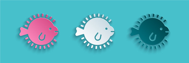 剪纸河豚鱼图标孤立在蓝色图片下载