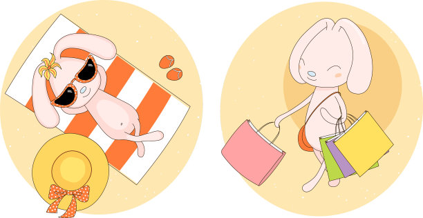 兔子贴纸沙滩和购物图片下载