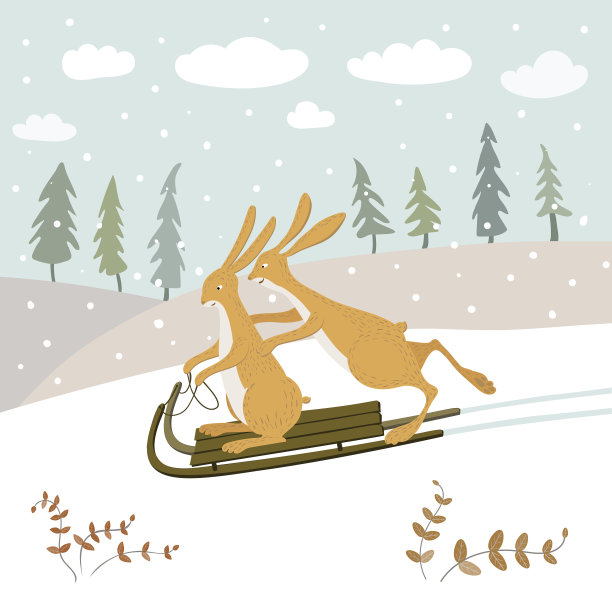 两只可爱的小兔子在冬天的森林里拉雪橇图片下载