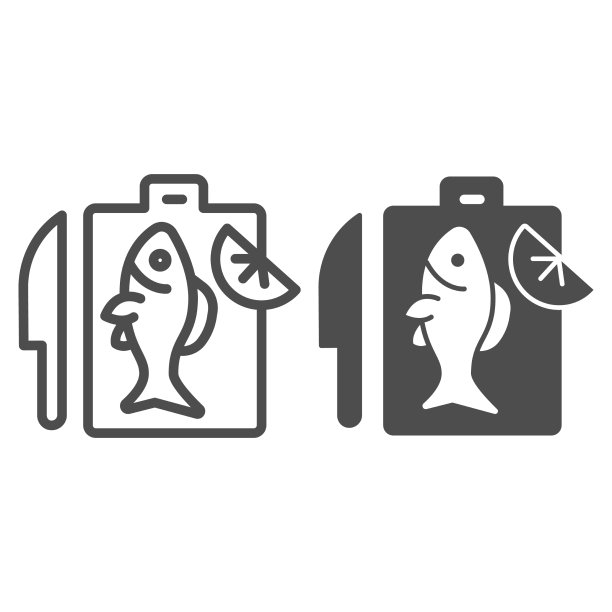 刀和砧板与鱼和柠檬线图片下载