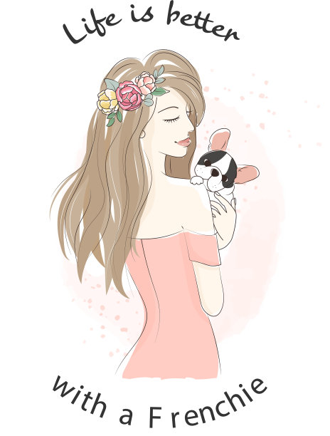 美丽的女人抱着法国斗牛犬小狗图片下载