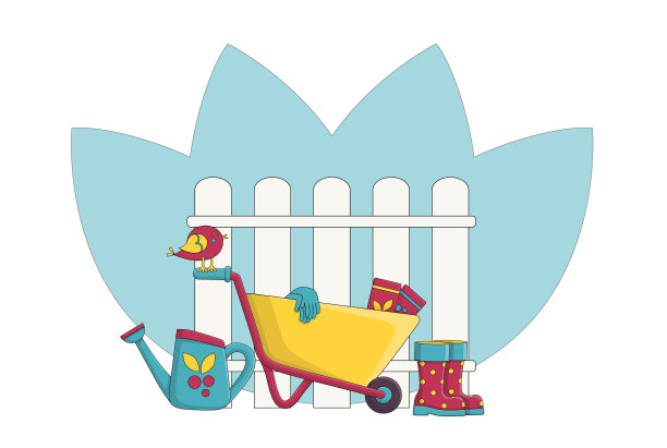 花园手推车旁边的篱笆和花园图片下载