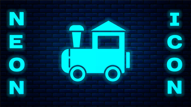 霓虹灯玩具火车图标孤立在砖墙上图片下载