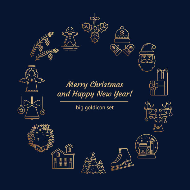 圣诞轮设置线图标在一个深蓝色图片下载