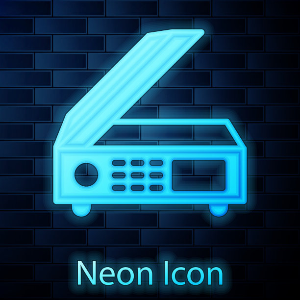 发光的霓虹灯扫描仪图标隔离在砖墙上图片下载