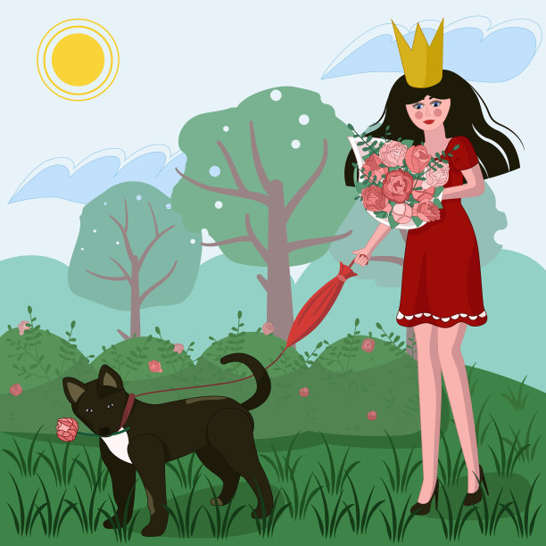 一个穿着红裙子的女孩和她的狗在散步图片下载