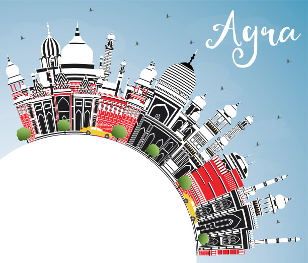 阿格拉印度城市天际线与颜色的建筑物蓝色图片下载