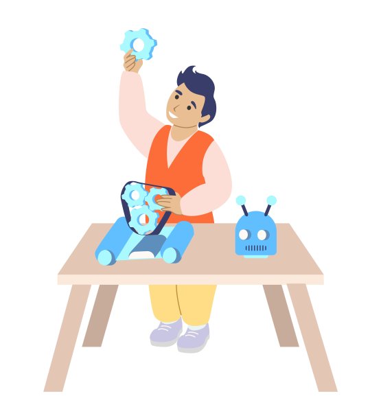 儿童机器人学校。聪明的男孩学生制作机器人，平面矢量插图。孩子机器人技术工程学图片下载