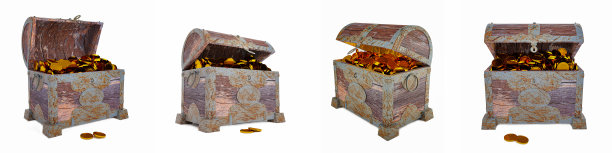 一套黄金硬币在旧破的古董海盗宝藏箱。烂和破碎。储存贵重物品的木材有裂纹，生锈的金属纹理与白色背景和墙纸隔离。3 d渲染。图片下载