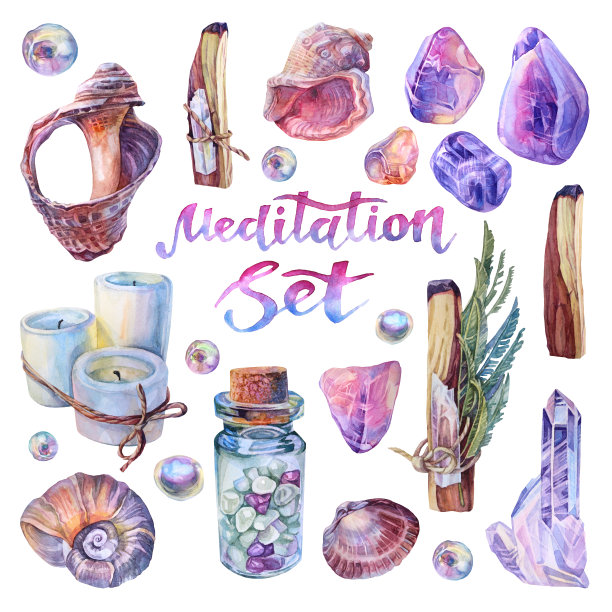 水彩冥想集贝壳，帕罗桑绷带与草药，水晶，蜡烛，瓶子，珍珠。保持冷静、平衡、放松。手绘波西米亚瑜伽对象，贴纸，包装，速写本，魔术图片下载