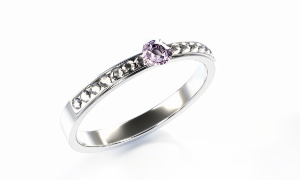 这颗大钻石被许多钻石围绕在铂金戒指上，放置在灰色的背景上。优雅的女性结婚钻戒。三维渲染图片下载