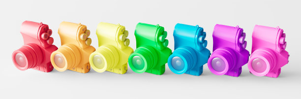 彩色照相机排成一排。创意概念上的白色背景。三维渲染图片下载