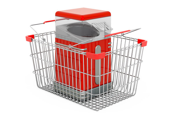 篮子里的爆米花机，白色背景上的3D渲染图片下载