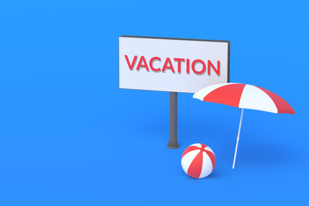 沙滩伞和球附近的广告牌与字假期。旅游公司、旅游胜地的广告。在饭店预定位置。旅游行程。副本的空间。三维渲染图片下载